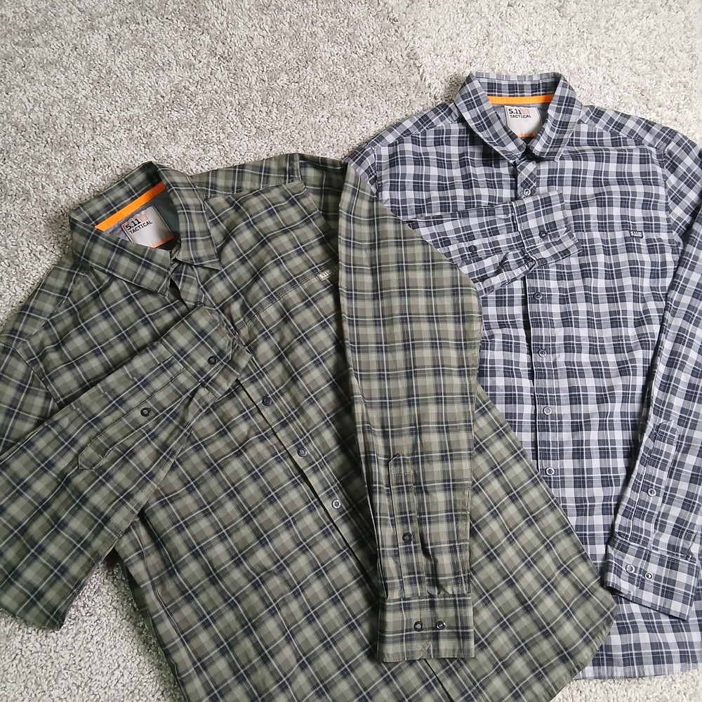 Lot of 2 5.11 Tactical Mens Small Plaid Long Sleeve Button Shirts Green and Grey